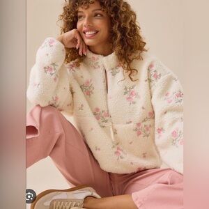 Altar'd State Floral Teddy Jacket - Cream and Pink